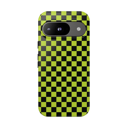 Google Pixel 9 / Glossy Phone Case - Trendy Neon Lime Green & Plum Small Checked Pattern Phone Case