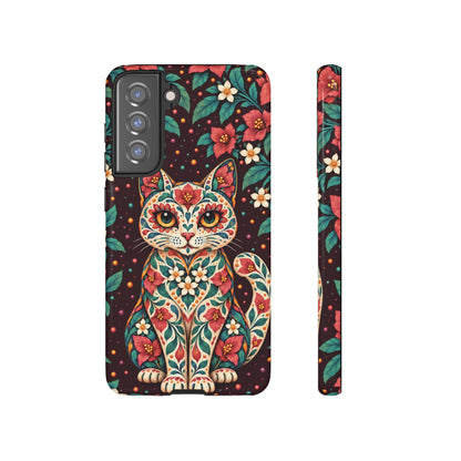 Vibrant Terracotta and Teal Calavera Cat Phone Case - Multicolor Phone Case - Samsung Galaxy S21 FE / Glossy