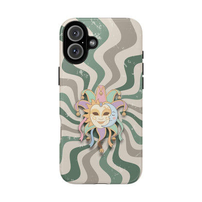 iPhone 16 Plus / Glossy Phone Case - Sun & Moon Jester Mask – Green Retro Wave Phone Case