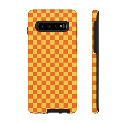 Samsung Galaxy S10 / Glossy Phone Case - Trendy Orange & Yellow Small Checked Pattern Phone Case