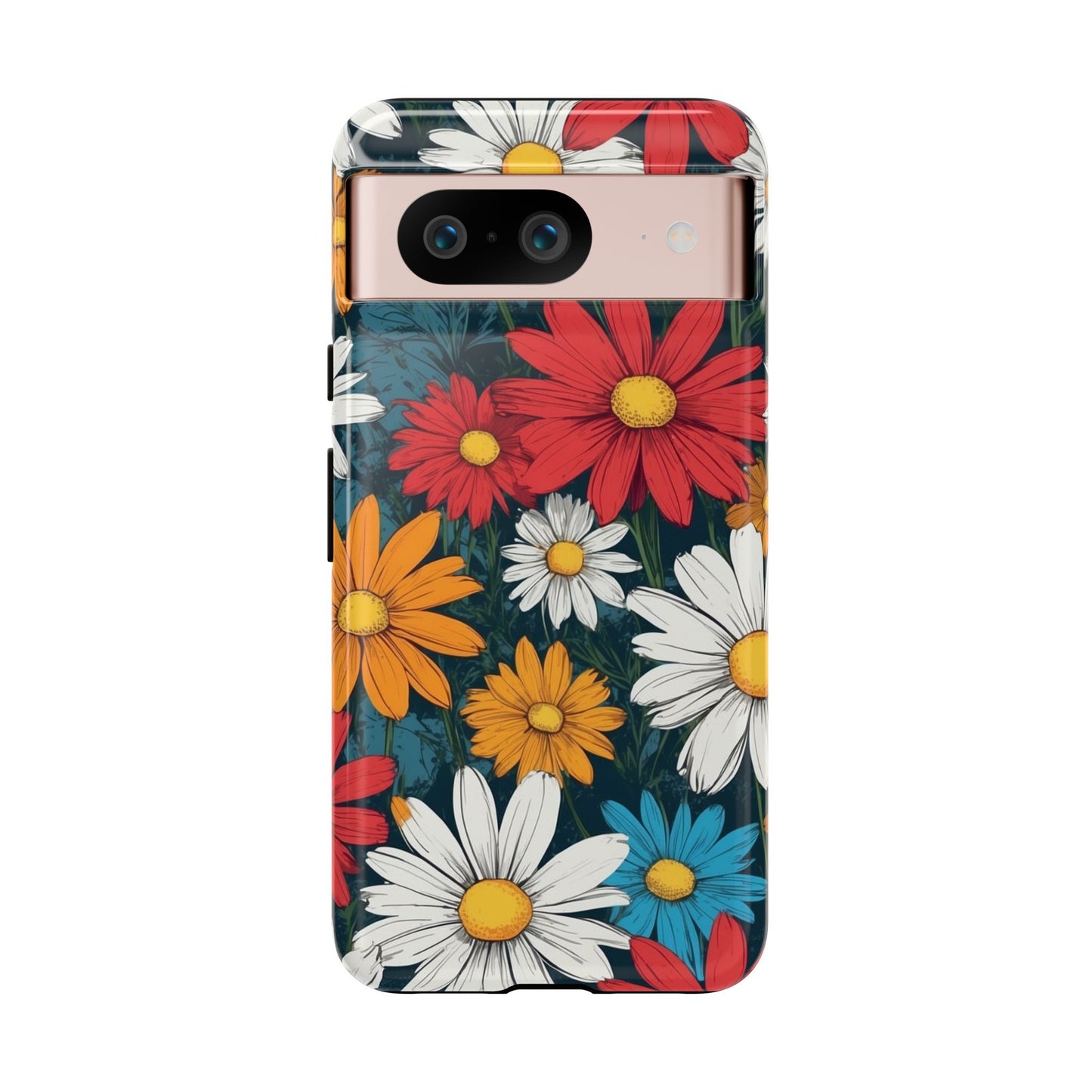 Google Pixel 8 / Glossy Phone Case - Pop Art Daisies Illustration ’Red & Orange’ Phone Case
