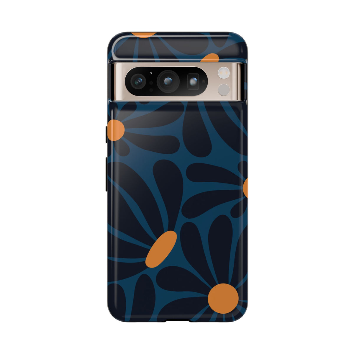 Dark Blue & Orange Daisy Pattern Phone Case - Blue Phone Case - Google Pixel 8 Pro / Glossy
