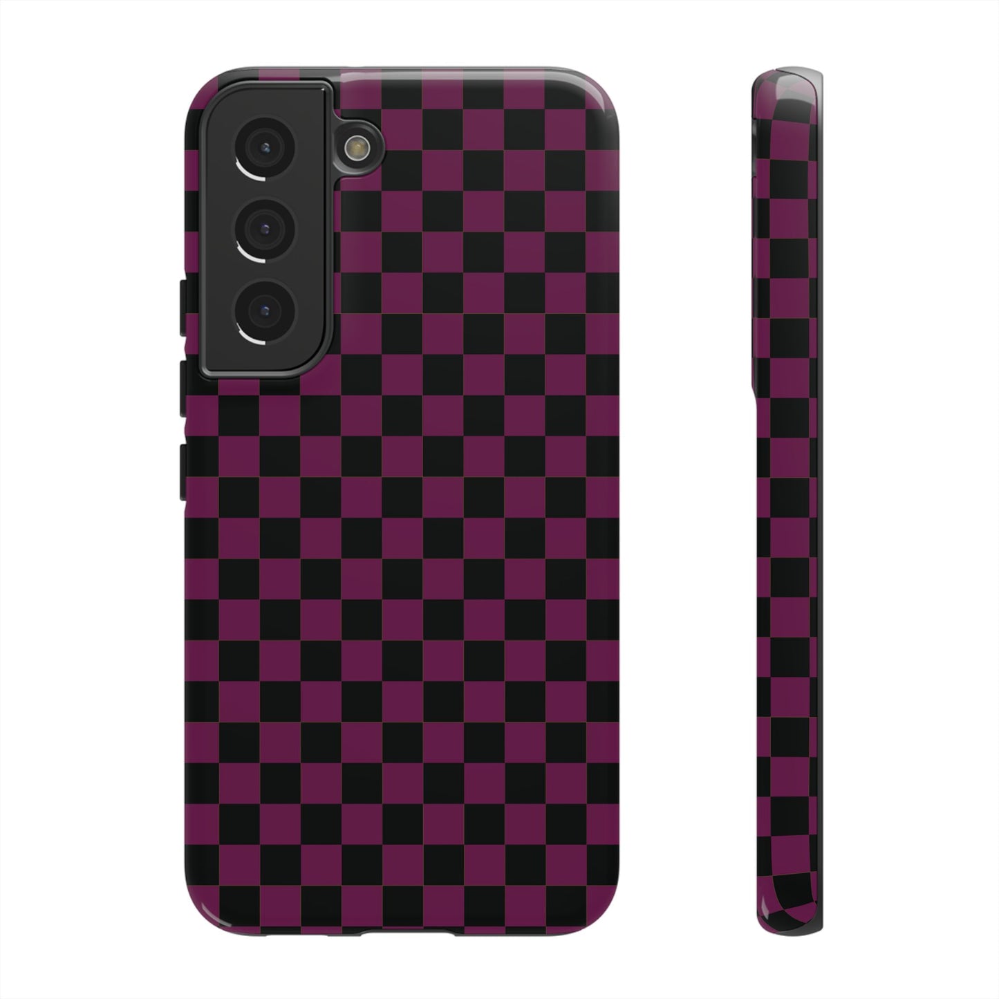 Samsung Galaxy S22 / Glossy Phone Case - Trendy Plum & Black Small Checked Pattern Phone Case