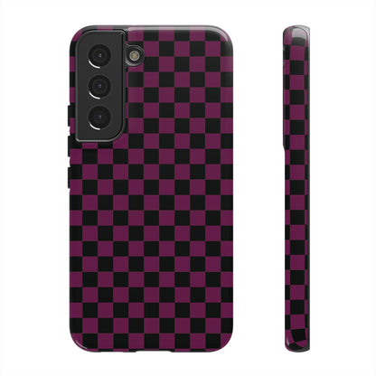 Samsung Galaxy S22 / Glossy Phone Case - Trendy Plum & Black Small Checked Pattern Phone Case