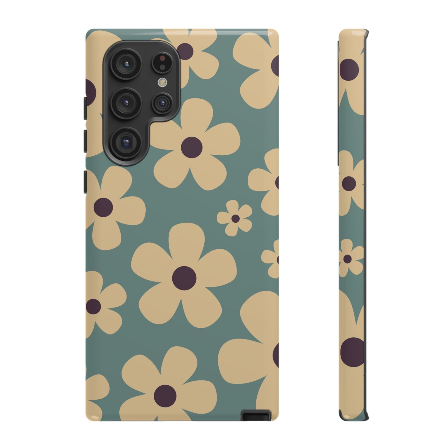 Samsung Galaxy S22 Ultra / Glossy Phone Case - Cute Blue & Cream Daisy Pattern Phone Case