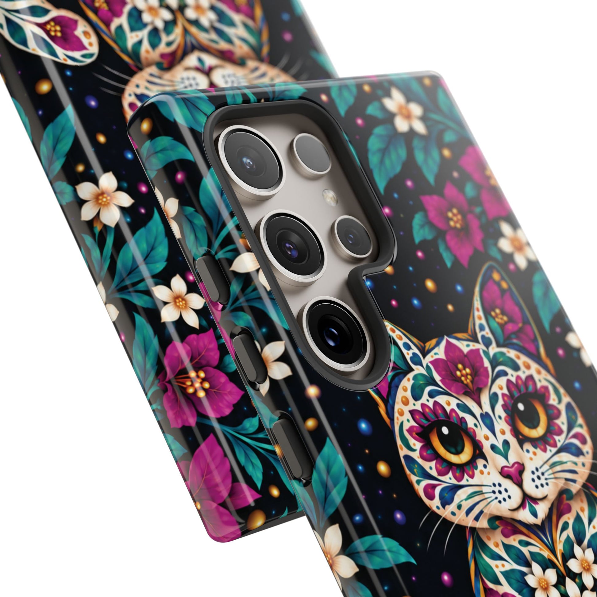 Vibrant Purple and Teal Calavera Cat Phone Case - Multicolor Phone Case