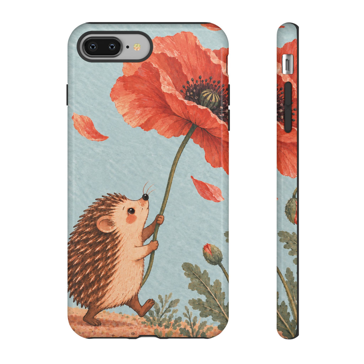 Whimsical Pale Blue Hedgehog and Poppy Phone Case - Blue Phone Case - iPhone 8 Plus / Glossy