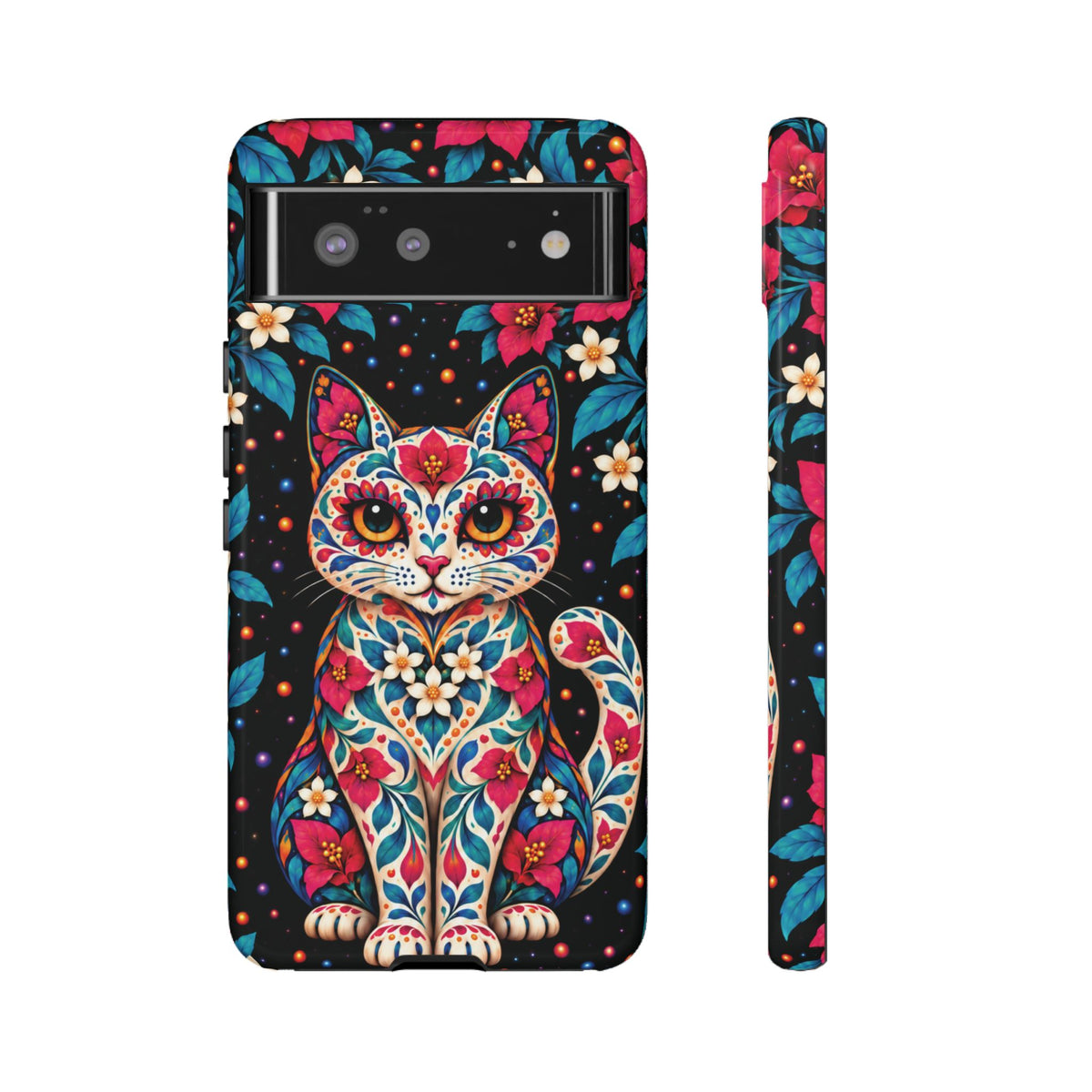 Vibrant Pink and Turquoise Calavera Cat Phone Case - Multicolor Phone Case - Google Pixel 6 / Glossy