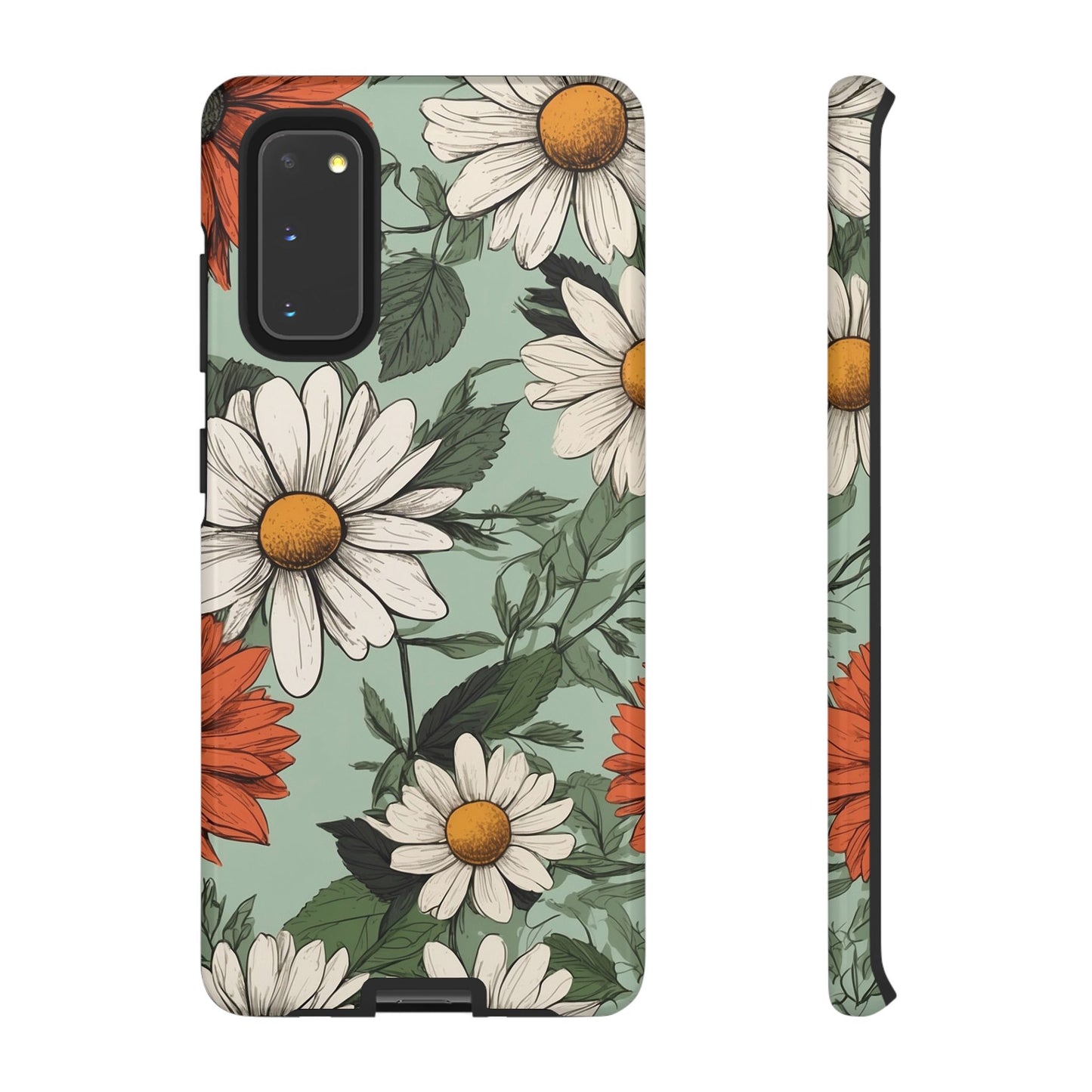 Samsung Galaxy S20 / Glossy Phone Case - Boho Chic Daisies Floral Pattern ’White & Orange’ Phone Case