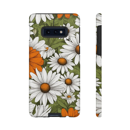 Samsung Galaxy S10E / Glossy Phone Case - Boho Chic Daisies Floral Pattern ’White Orange & Green’ Phone Case