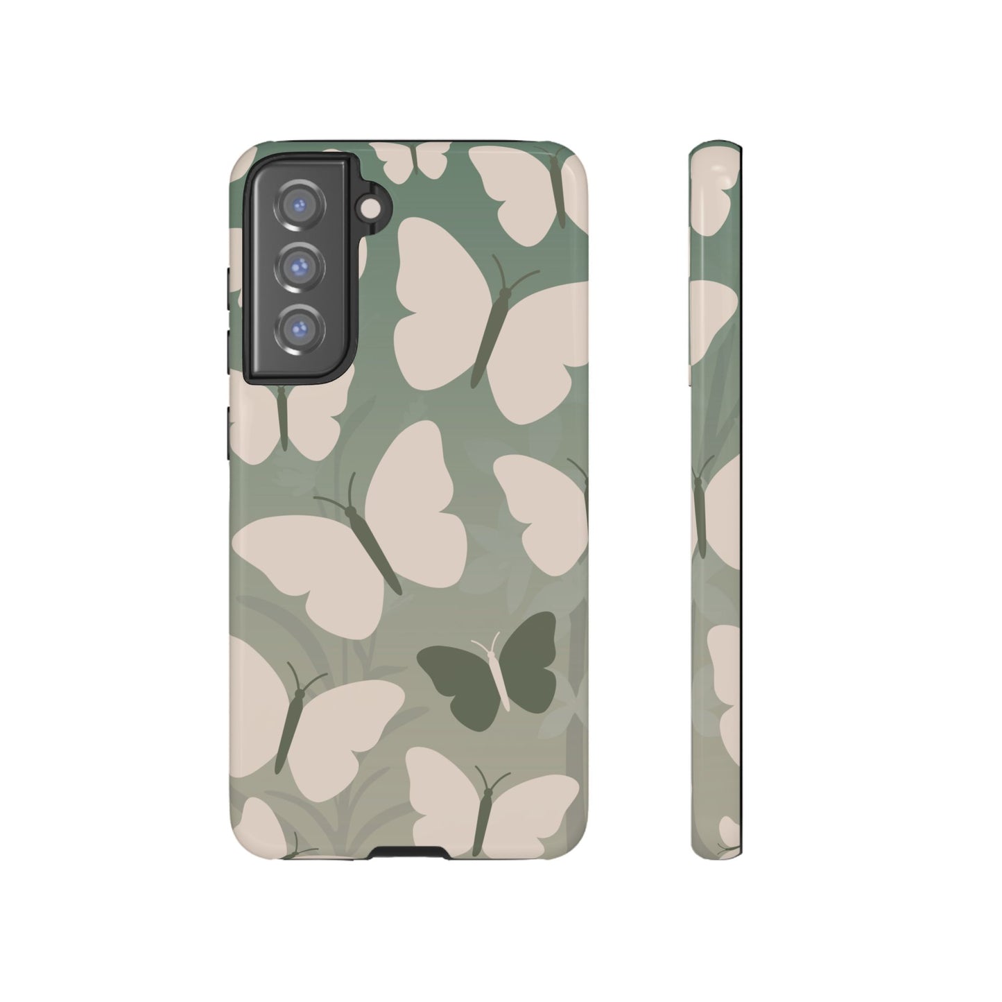 Samsung Galaxy S21 FE / Glossy Phone Case - Minimalist Light Green Butterfly Pattern Phone Case