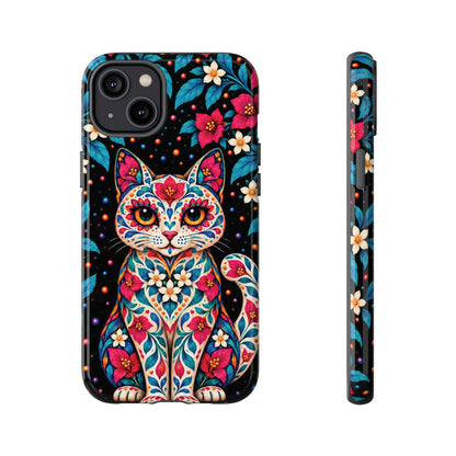 Vibrant Pink and Turquoise Calavera Cat Phone Case - Multicolor Phone Case - iPhone 14 Plus / Glossy