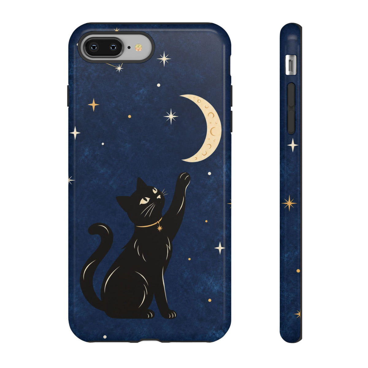 Whimsical Navy Blue Celestial Black Cat Phone Case