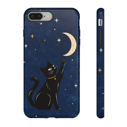 Whimsical Navy Blue Celestial Black Cat Phone Case