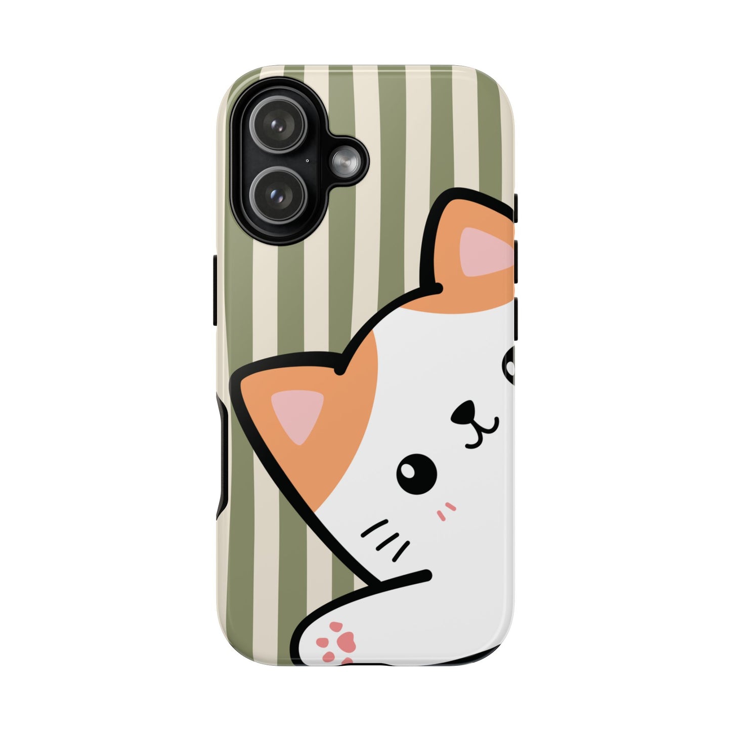 iPhone 17 / Glossy Phone Case - Peakaboo Cat with Green Stripe Pattern Phone Case