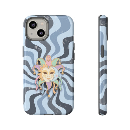 iPhone 14 / Glossy Phone Case - Sun & Moon Jester Mask – Blue Retro Wave Phone Case
