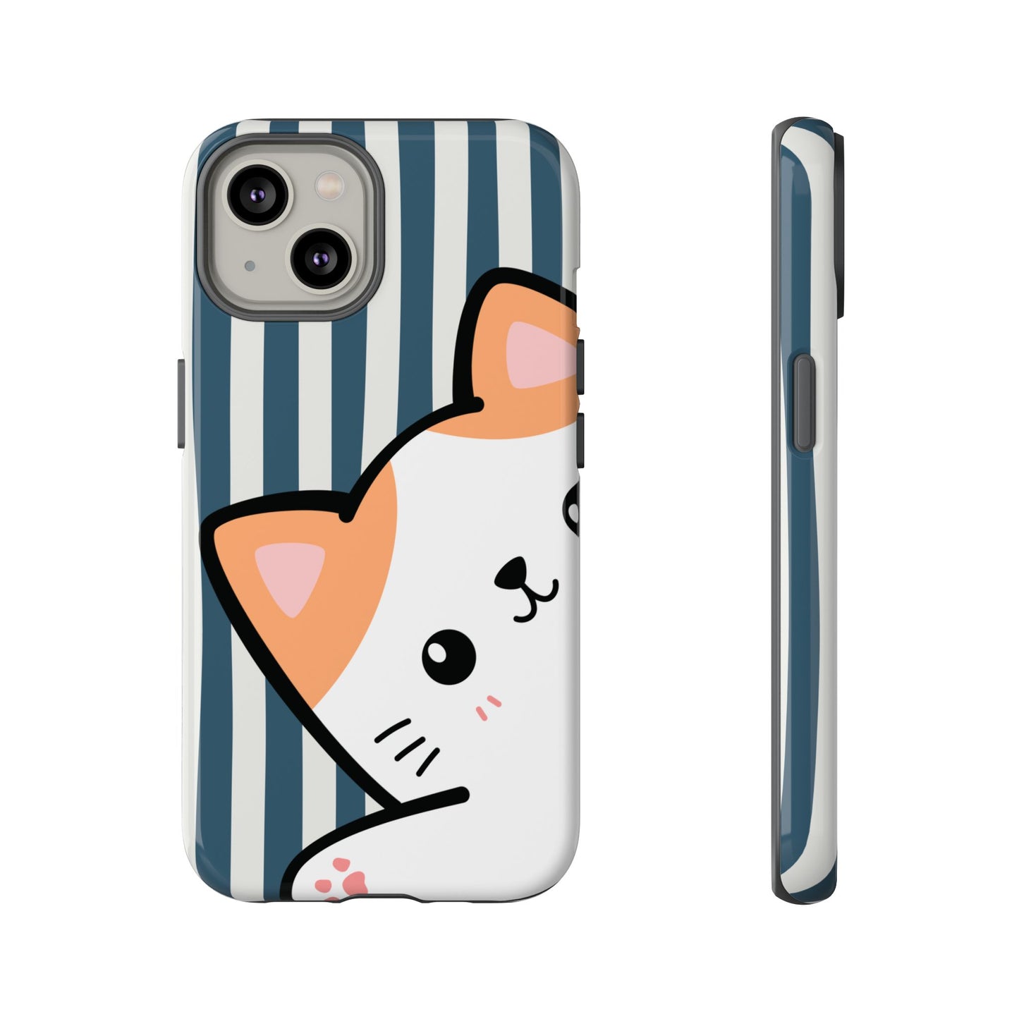 Playful Peakaboo Cat with Blue Stripe Pattern Phone Case - Blue Phone Case - iPhone 14 / Glossy