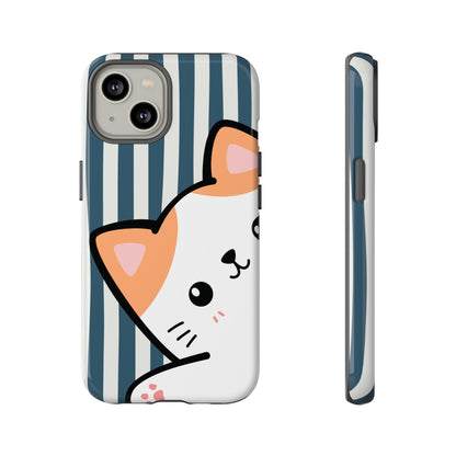 Playful Peakaboo Cat with Blue Stripe Pattern Phone Case - Blue Phone Case - iPhone 14 / Glossy