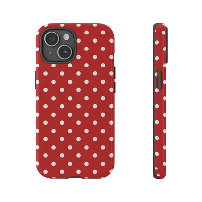 iPhone 15 / Glossy Phone Case - Red with White Dot Pattern Phone Case