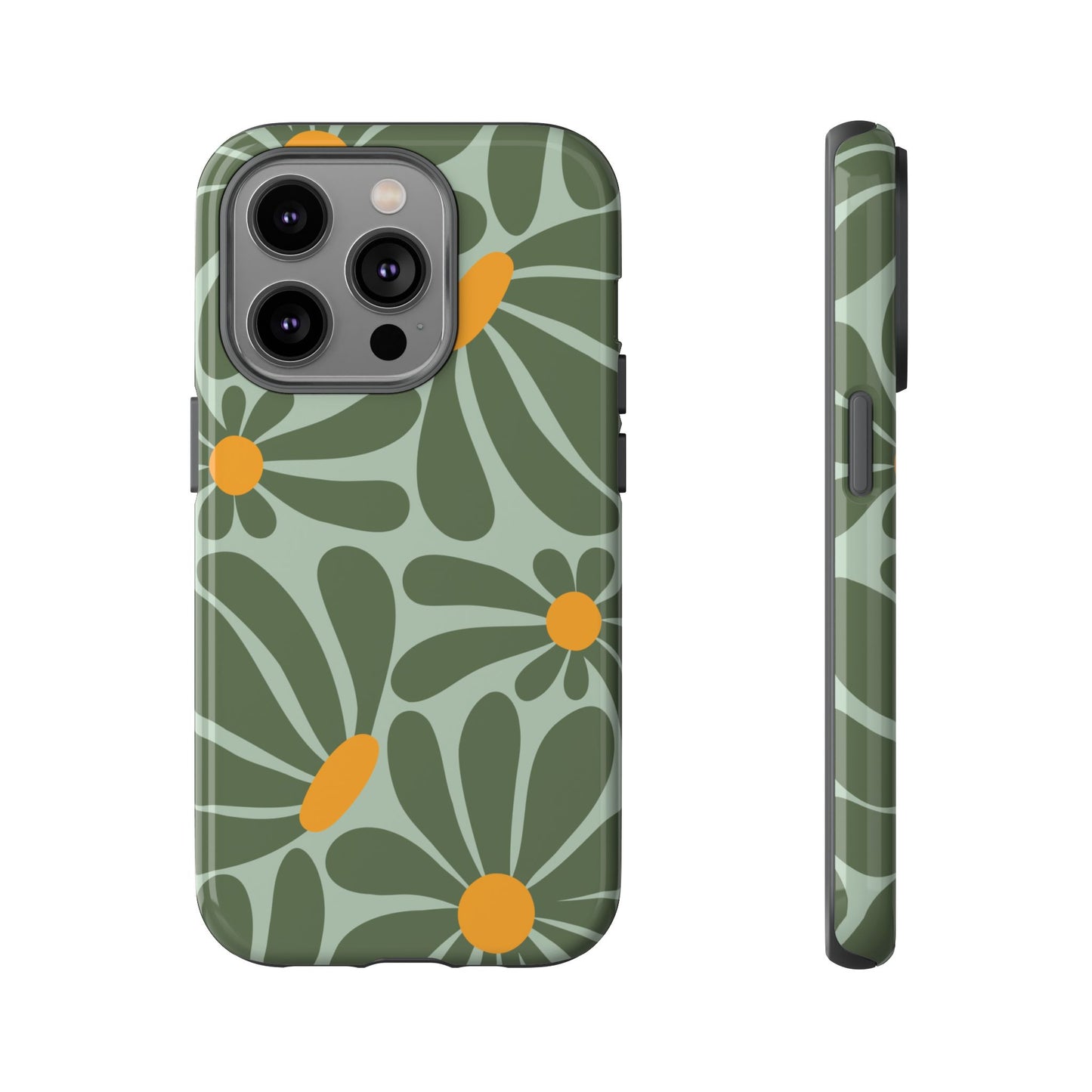 iPhone 14 Pro / Glossy Phone Case - Retro Green Daisy Pattern Phone Case