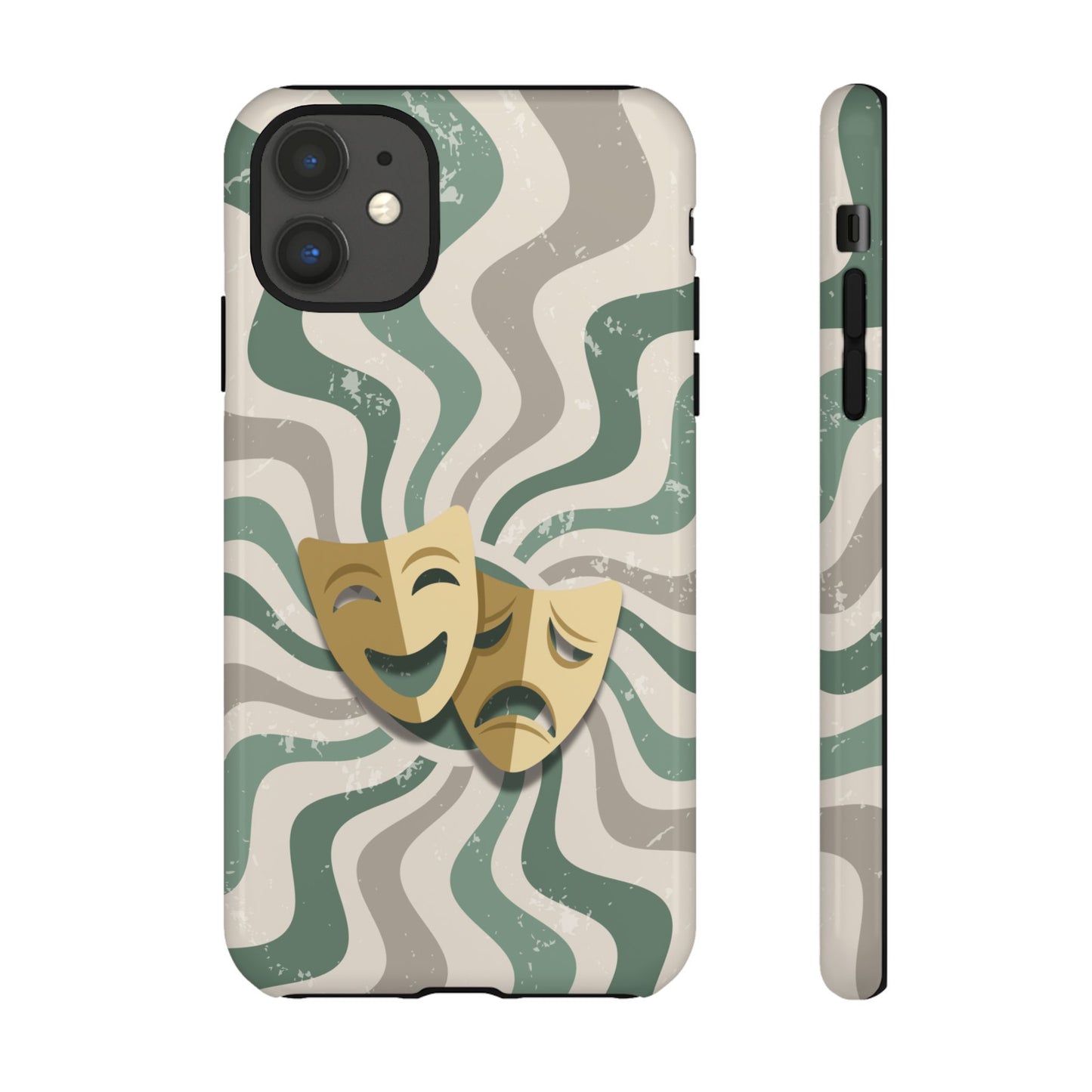iPhone 11 / Glossy Phone Case - Comedy & Tragedy Masks – Green Minimal Retro Wave Phone Case