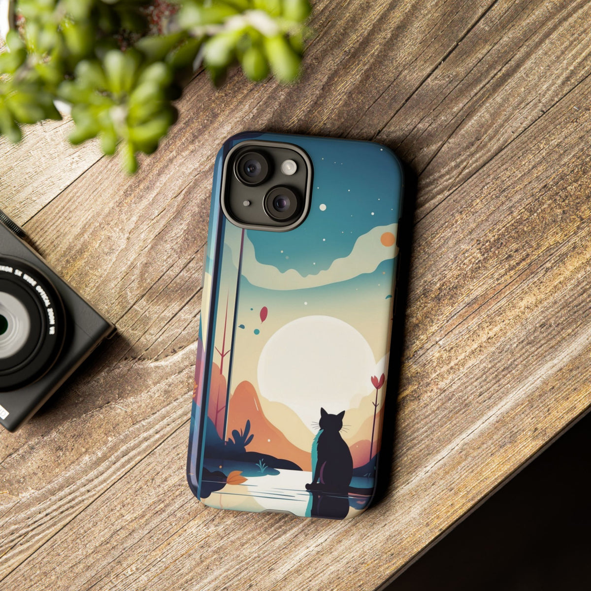 Stylised Cat & Moon Design Phone Case - Multicolor Phone Case