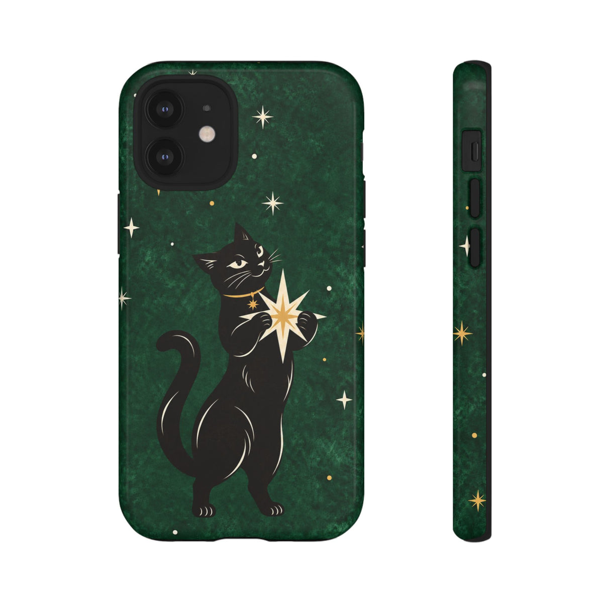 Forest Green Celestial Black Cat Phone Case - Green Phone Case - iPhone 12 Mini / Glossy