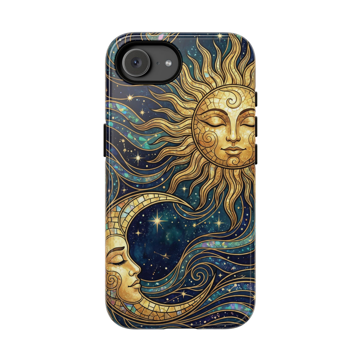 Elegant Teal & Gold Sun and Moon Phone Case - Blue Phone Case - iPhone 17e / Glossy