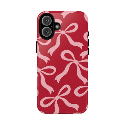 Bold Raspberry Red and Blush Pink Bow Pattern Phone Case - Red Phone Case - iPhone 16 Plus / Glossy