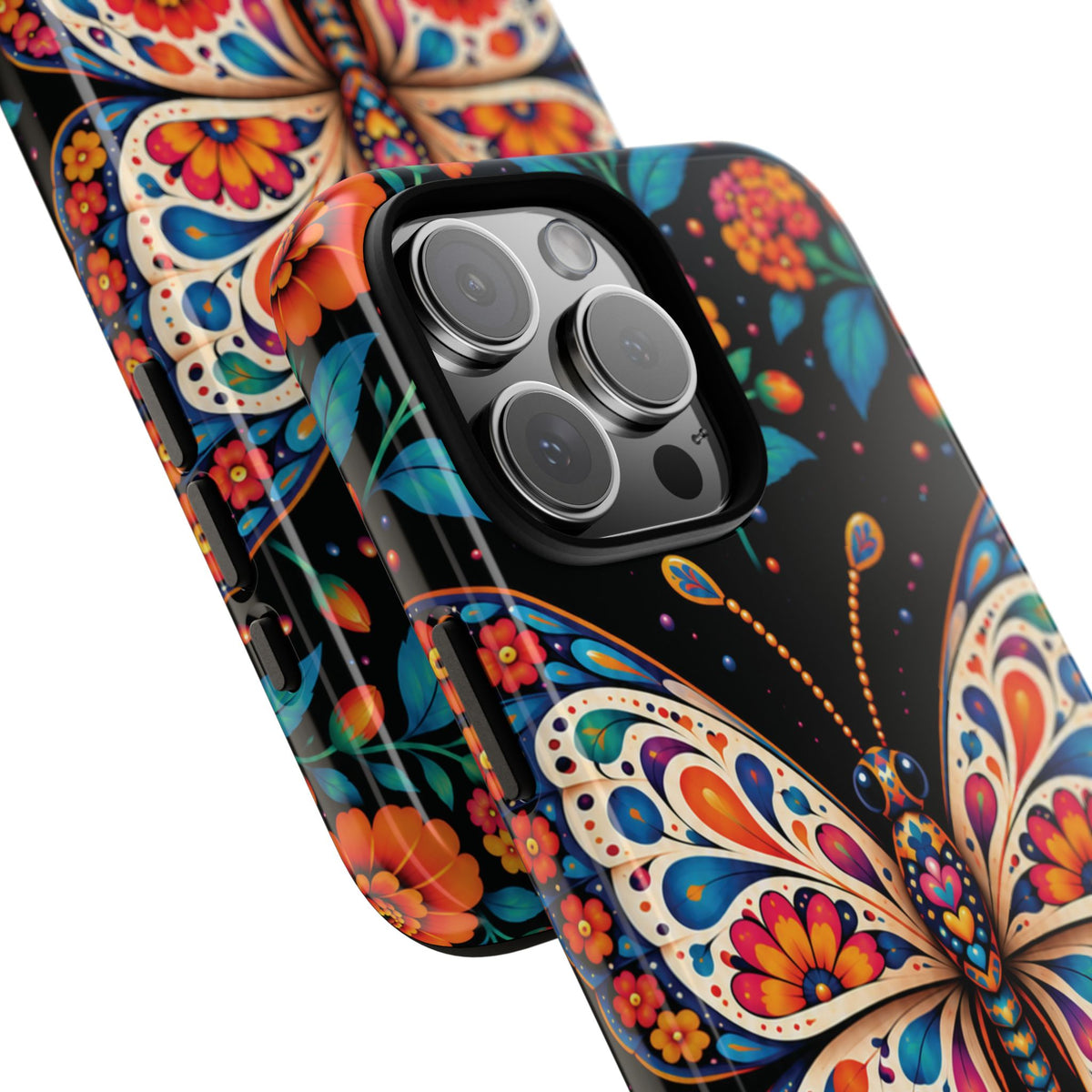 Vibrant Orange and Turquoise Calavera Butterfly Phone Case - Multicolor Phone Case