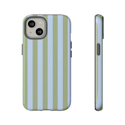 iPhone 14 / Glossy Phone Case - Trendy Ice Blue & Green Stripe Pattern Phone Case