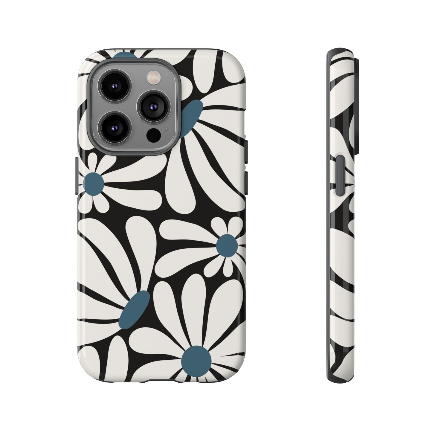 iPhone 14 Pro / Glossy Phone Case - Retro Black Daisy Pattern Phone Case