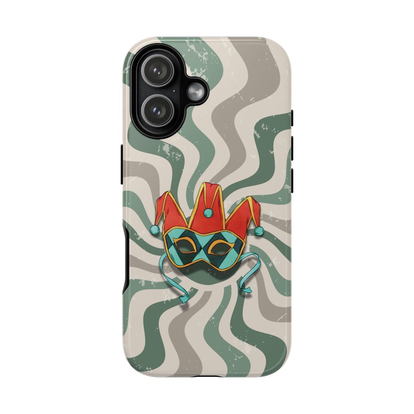 iPhone 17 / Glossy Phone Case - Venetian Jester Mask – Green Retro Soft Revival Phone Case