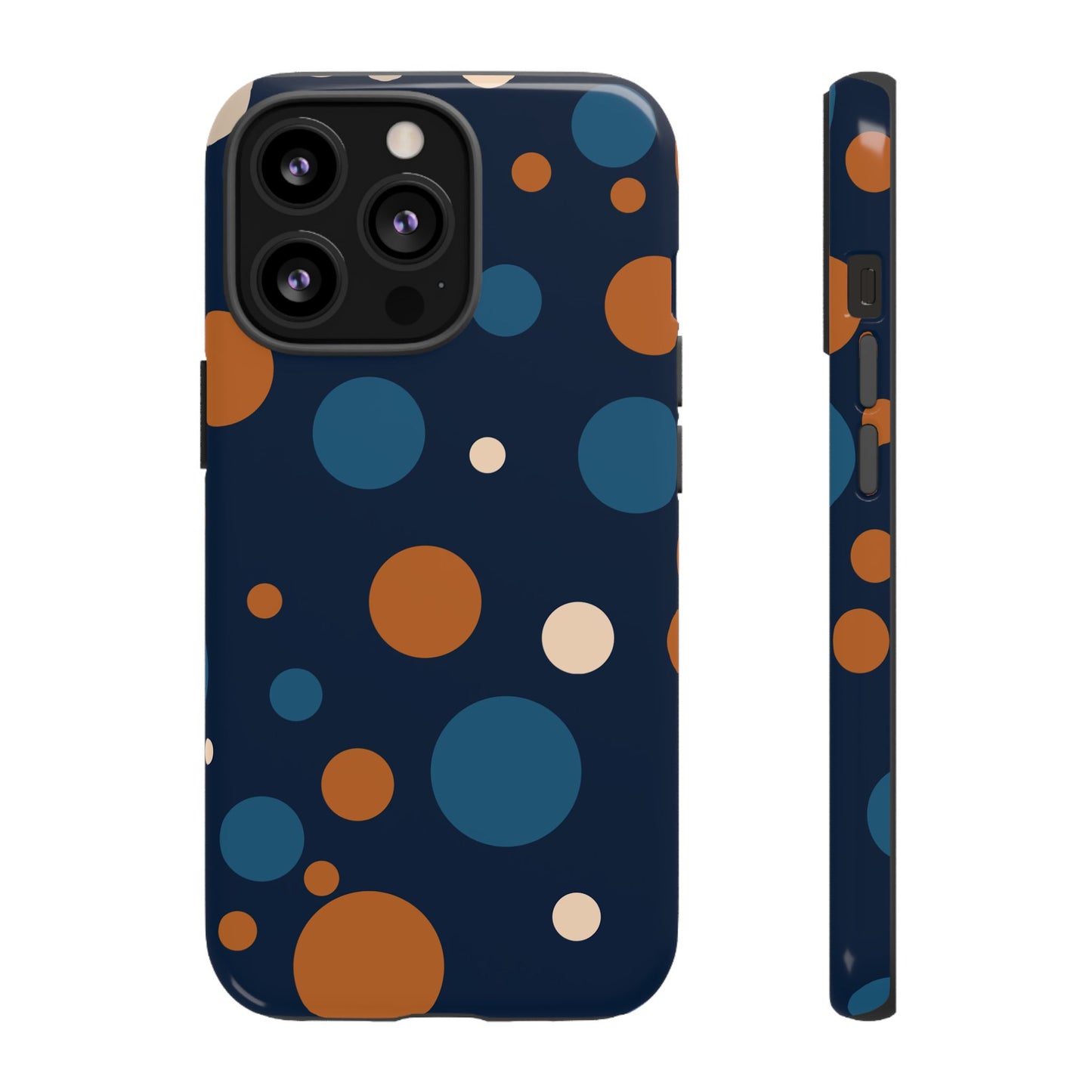 iPhone 13 Pro / Glossy Phone Case - ’Bold Navy Blue & Orange / White Dot Pattern’ Phone Case