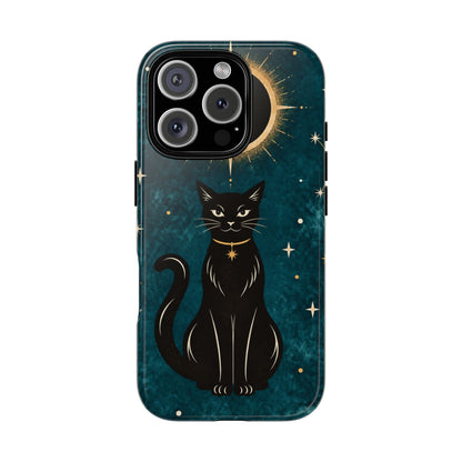 Whimsical Teal Celestial Black Cat Phone Case