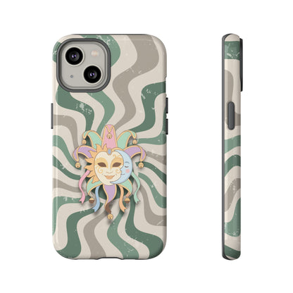 iPhone 14 / Glossy Phone Case - Sun & Moon Jester Mask – Green Retro Wave Phone Case