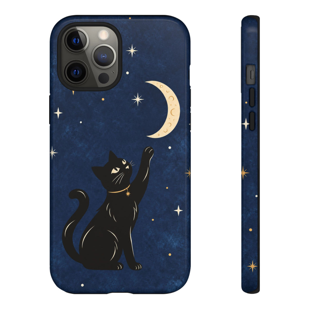 Whimsical Navy Blue Celestial Black Cat Phone Case
