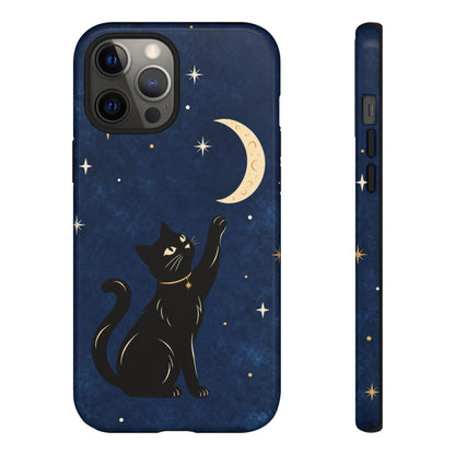 Whimsical Navy Blue Celestial Black Cat Phone Case
