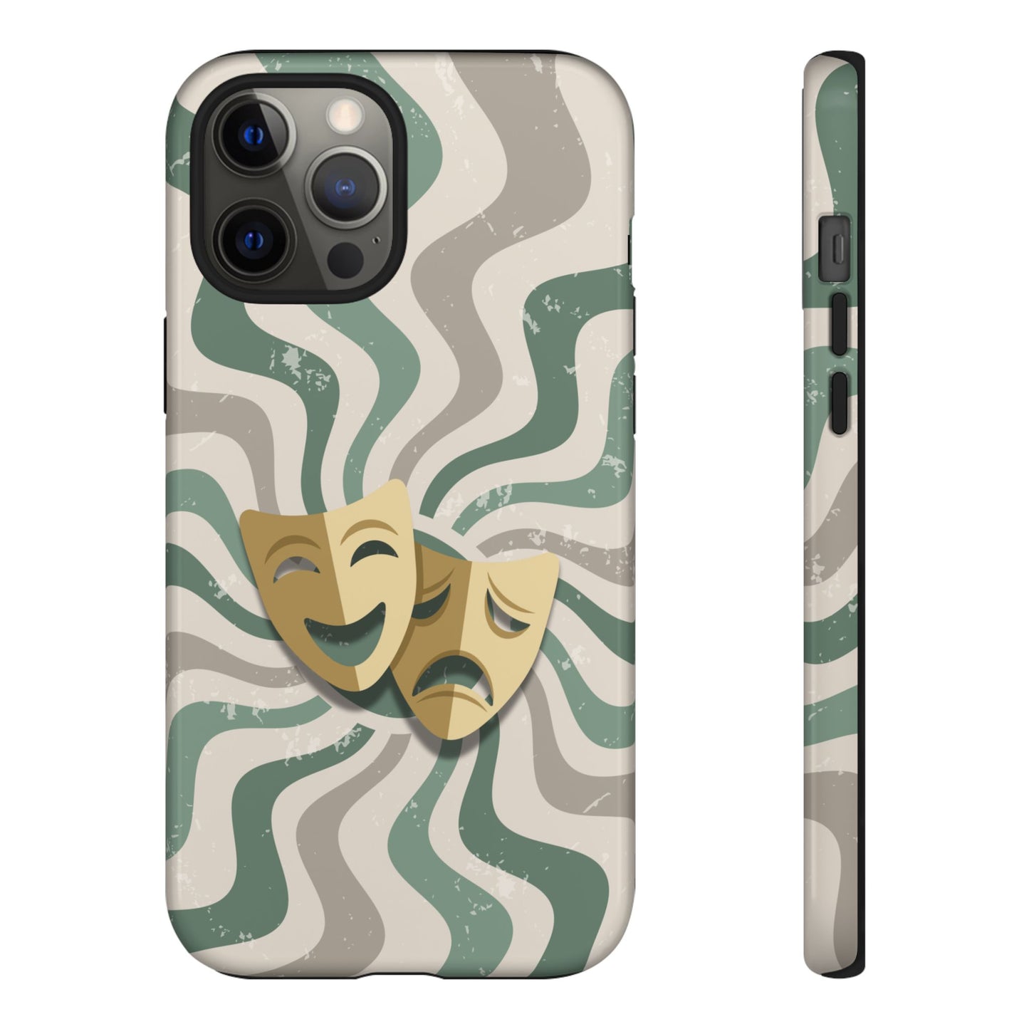 iPhone 12 Pro Max / Glossy Phone Case - Comedy & Tragedy Masks – Green Minimal Retro Wave Phone Case