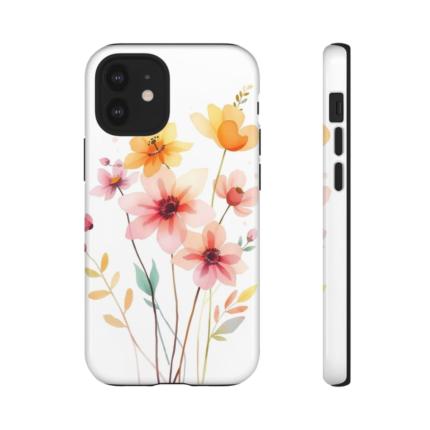 iPhone 12 Mini / Glossy Phone Case - Boho Chic Watercolour Blooms Design Phone Case