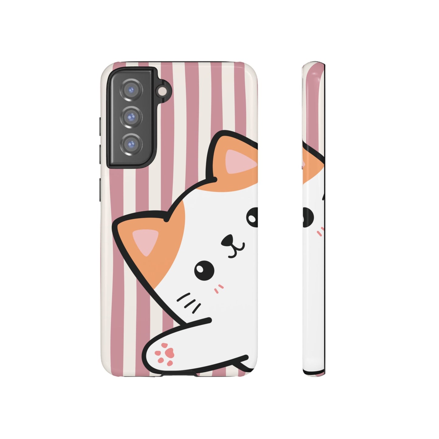 Playful Peakaboo Cat with Pink Stripe Pattern Phone Case - Pink Phone Case - Samsung Galaxy S21 FE / Glossy