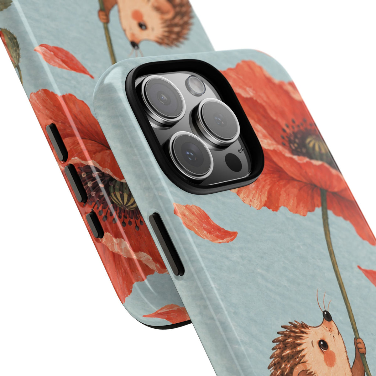 Whimsical Pale Blue Hedgehog and Poppy Phone Case - Blue Phone Case