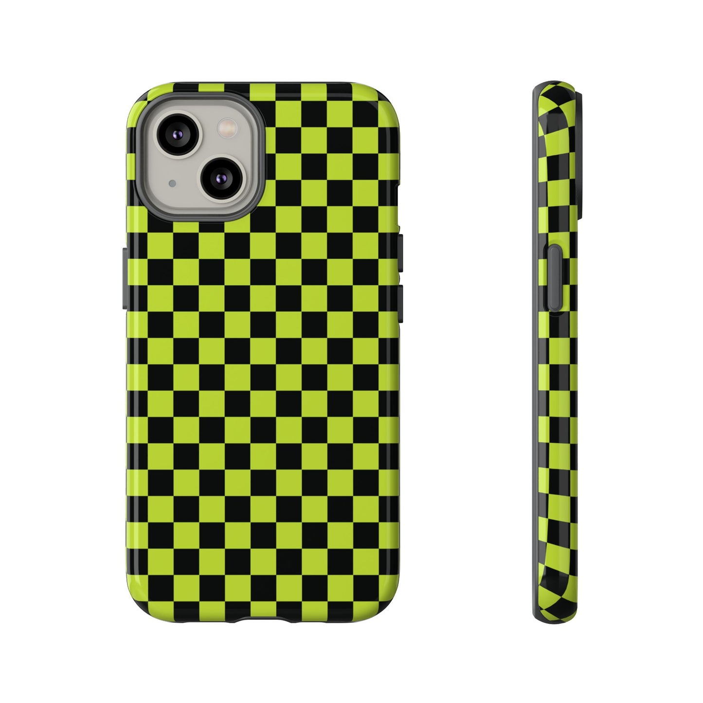iPhone 14 / Glossy Phone Case - Trendy Neon Lime Green & Plum Small Checked Pattern Phone Case