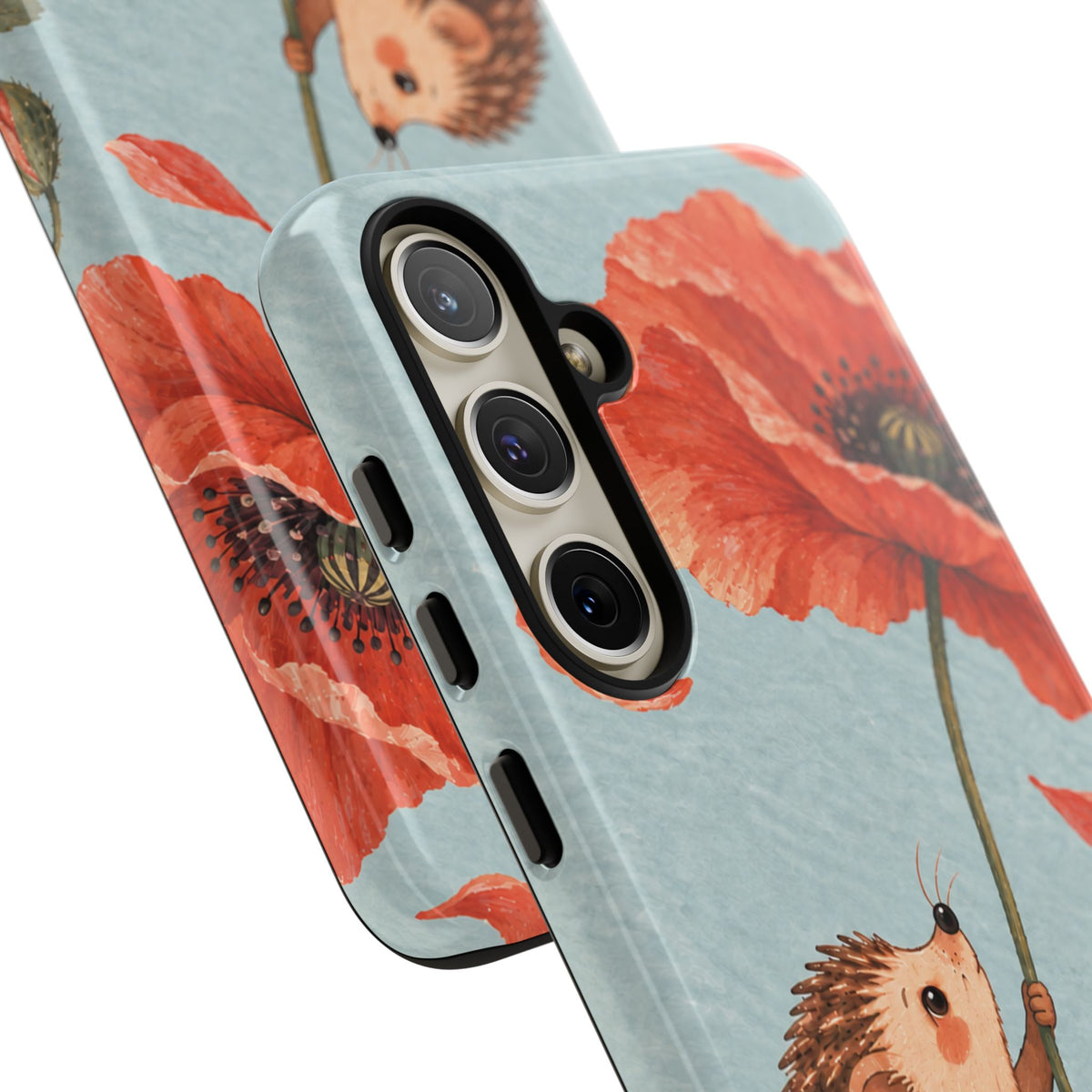 Whimsical Pale Blue Hedgehog and Poppy Phone Case - Blue Phone Case