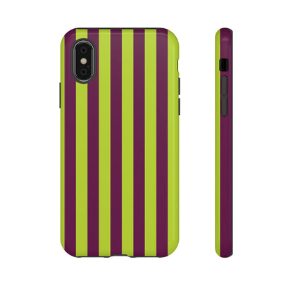 iPhone X / Glossy Phone Case - Trendy Neon Lime Green & Plum Stripe Pattern Phone Case