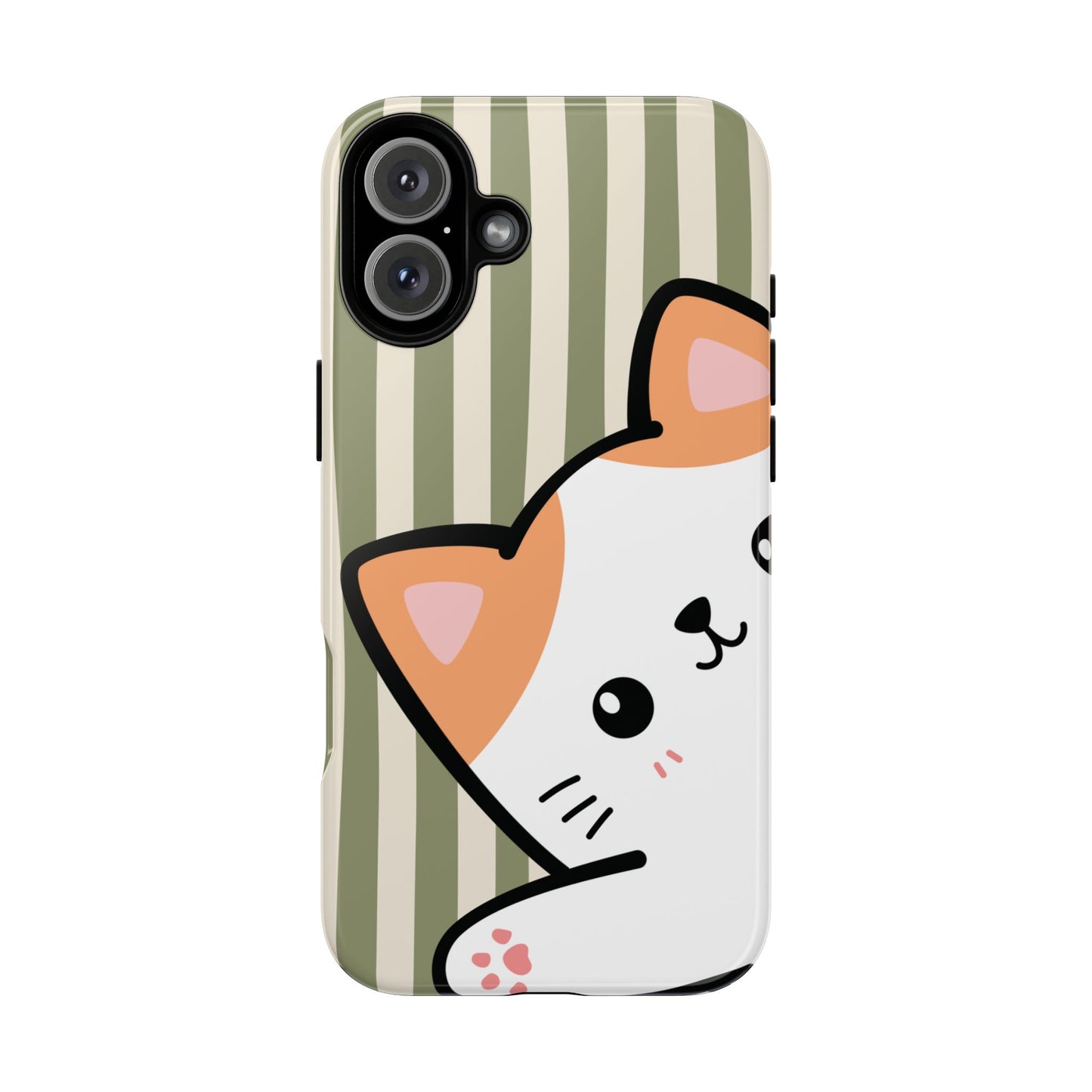 iPhone 16 Plus / Glossy Phone Case - Peakaboo Cat with Green Stripe Pattern Phone Case