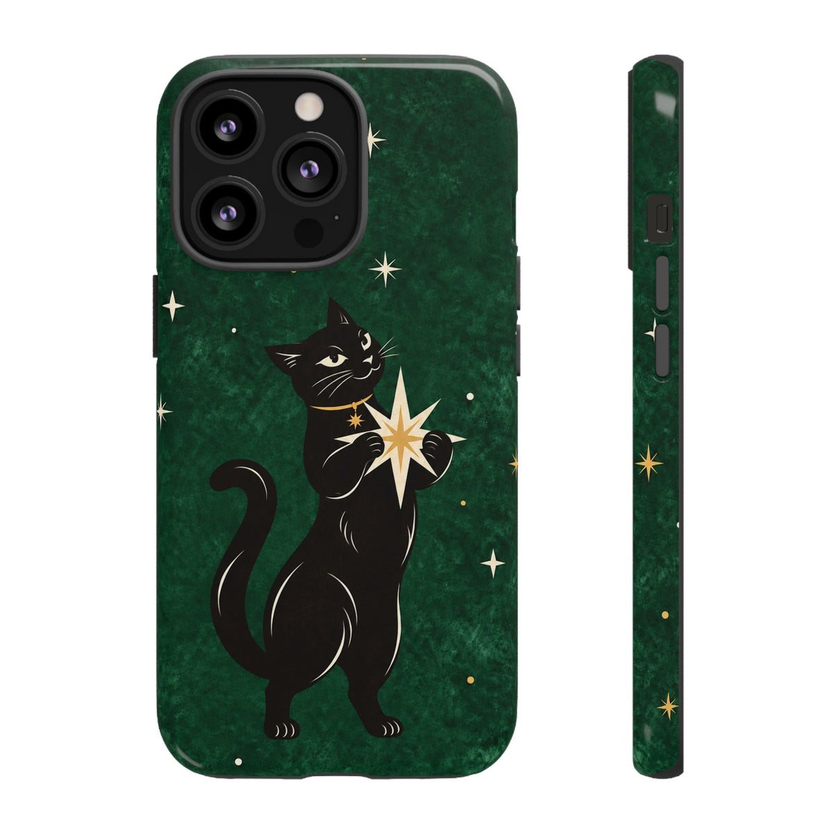 Forest Green Celestial Black Cat Phone Case - Green Phone Case - iPhone 13 Pro / Glossy
