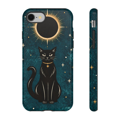Whimsical Teal Celestial Black Cat Phone Case