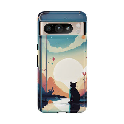 Stylised Cat & Moon Design Phone Case - Multicolor Phone Case - Google Pixel 8 Pro / Glossy