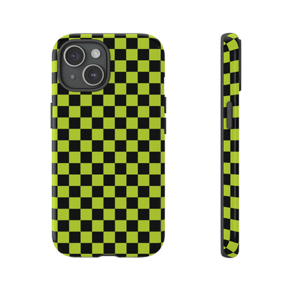 Trendy Neon Lime Green & Black Small Checked Pattern Phone Case - Green Phone Case - iPhone 15 / Glossy